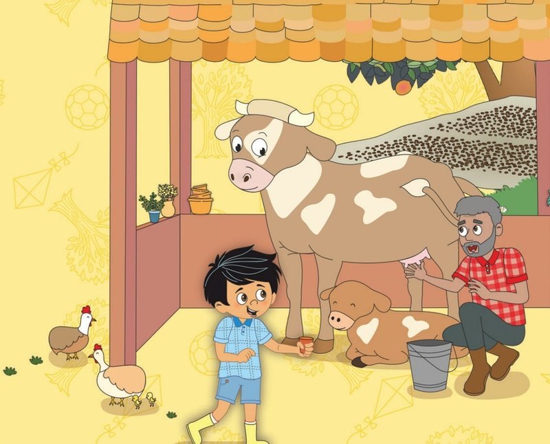 Ilustração da orelha do livro: o menino leva o copo ao curral enquanto o leite é tirado da vaca